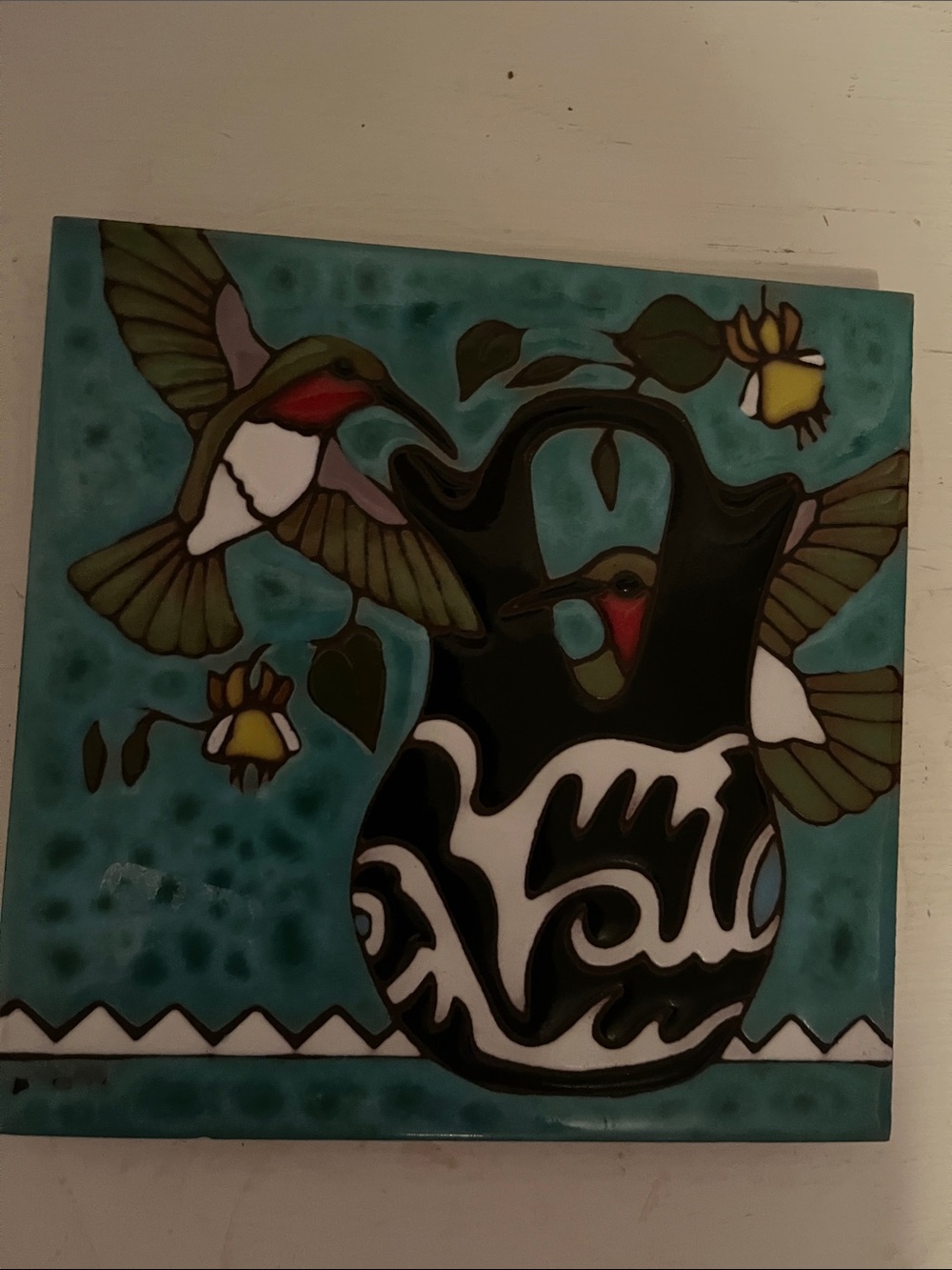 Decorative wedding native Hummingbird Ceramic Tile Wall Art - Teal, Green, Black